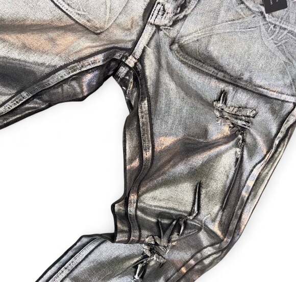 Nova Men Metallic Silver Coated Distressed Skinny Jeans  Size 32 - Picture 3 of 5